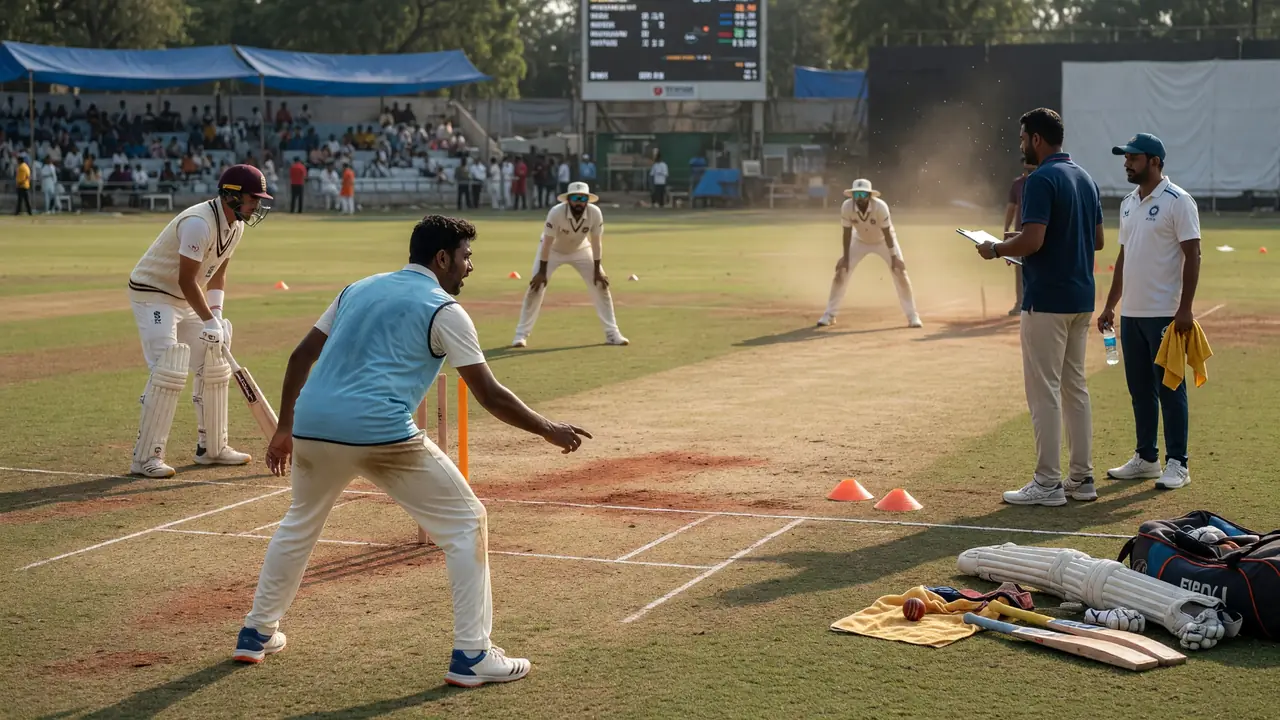 Fielders gathered in a tactical huddle on the outfield during a professional cricket match